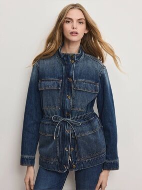 NWT Veronica Beard Truman Denim Jacket Navy Drawstring Anorak Jacket Large